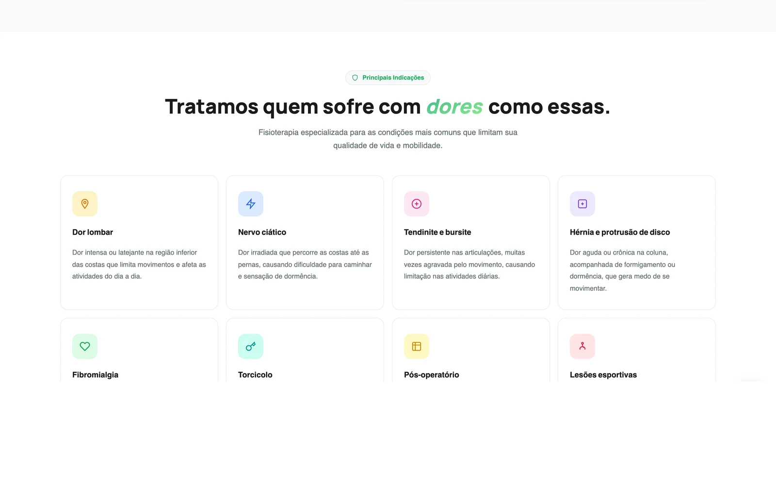 Clinica Barros website — Fisioterapia page, Principais Indicações condition cards