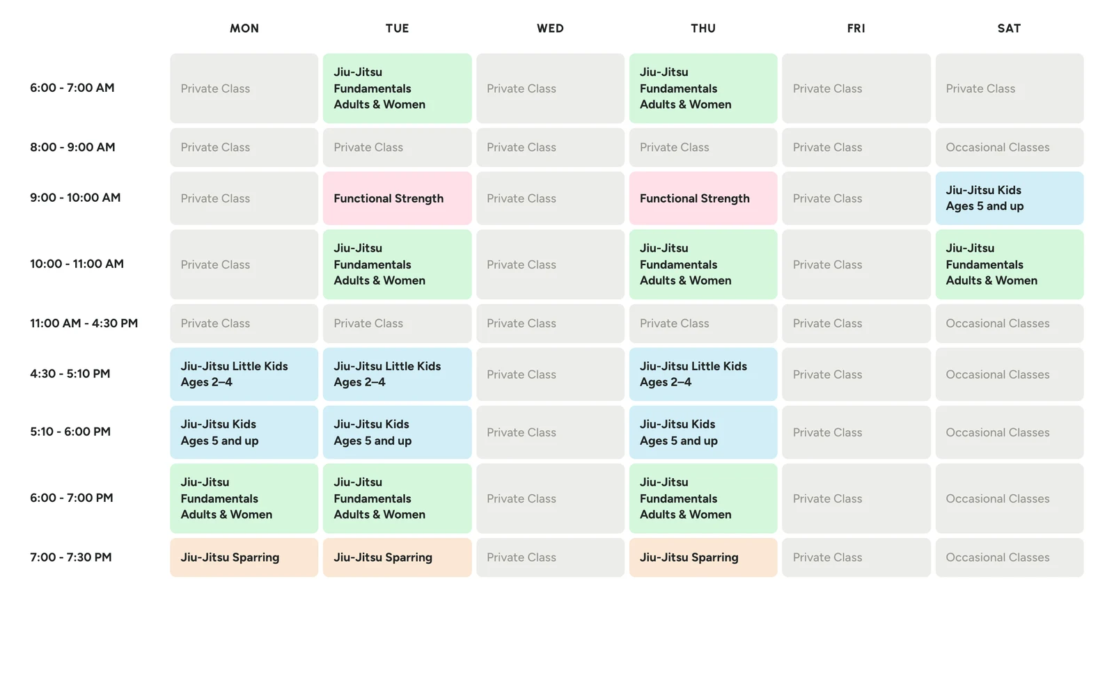 Rafa Jiu-Jitsu website — class schedule page