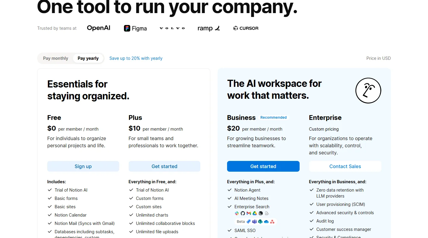 Notion pricing page showing Free, Plus, Business, and Enterprise plans